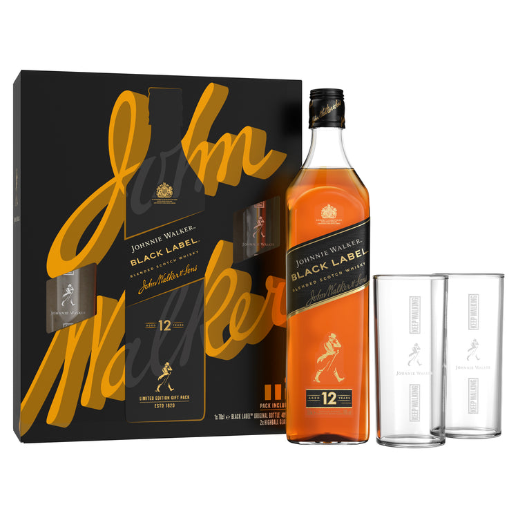 Johnnie Walker Black Label Blended Scotch Whisky 70cl GiftPack With 2 Highball Glasses - 2022 version